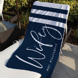 Modern Wifey Script Nautical Navy & White Stripes Beach Towel<br><div class="desc">Modern and trendy personalised wifey beach towel perfect for newlyweds or honeymoon vacation. The design features "Wifey" in a modern calligraphy script and personalised with Mrs's name. The deep navy and white stripe design add a modern and stylish nautical vibe. Check out our matching Hubby nautical beach towel.</div>