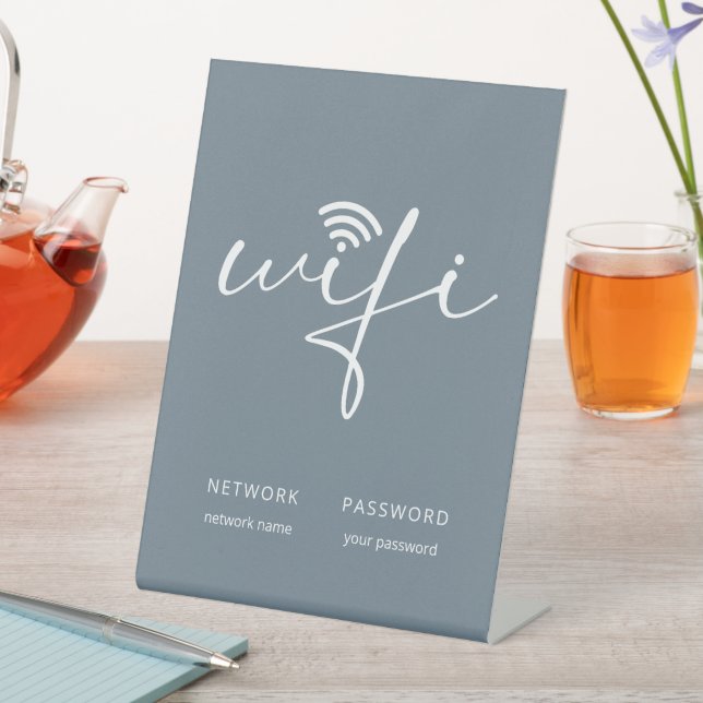 Modern WiFi Script Network Password Dusty Blue Pedestal Sign (In SItu)