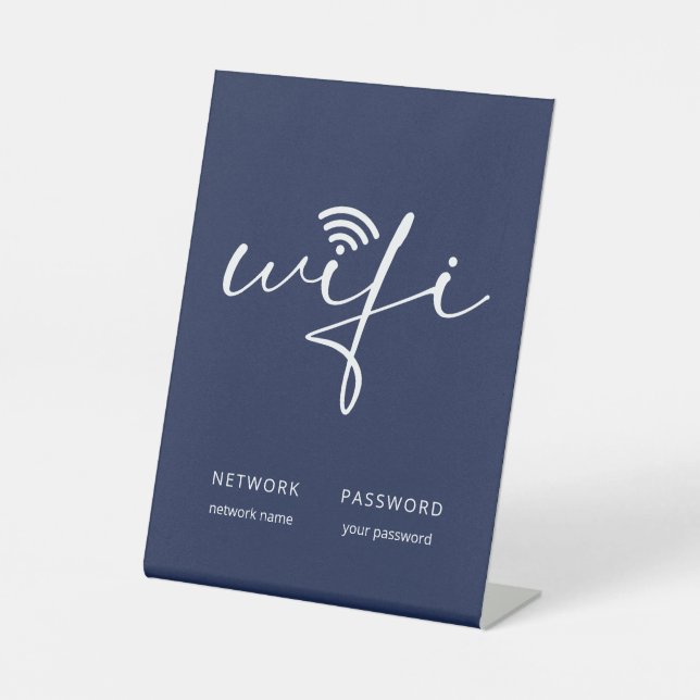 Modern WiFi Script Network Password Navy Blue Pedestal Sign (Front)