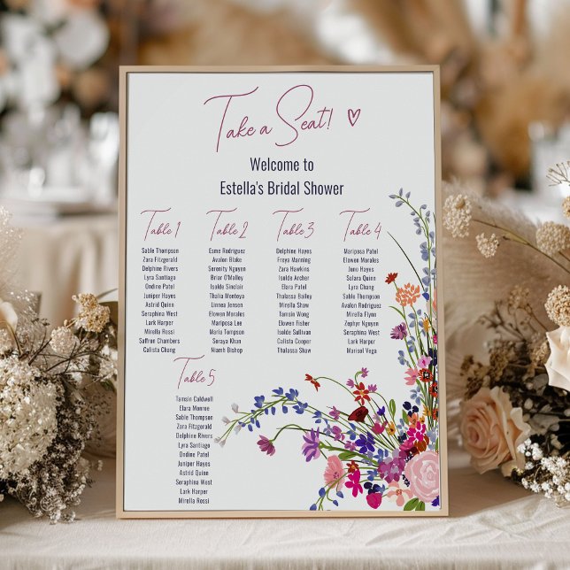 Modern wild flowers script bridal shower seating  poster (Modern wild flowers script bridal shower seating poster)