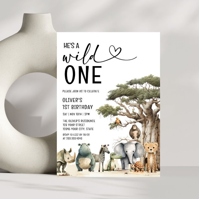 Modern Wild One Safari Jungle Boy 1st Birthday Invitation (Creator Uploaded)