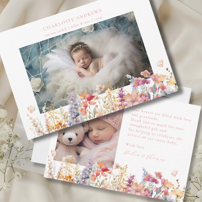 Modern, Wildflower, 2 Photo New Baby Thank You  (Modern, Wildflower, 2 Photo New Baby Thank You Card. , For Baby Girl.)