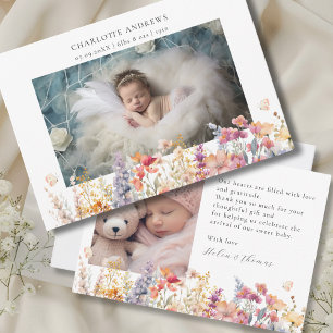 Modern, Wildflower, 2 Photo New Baby Thank You Card