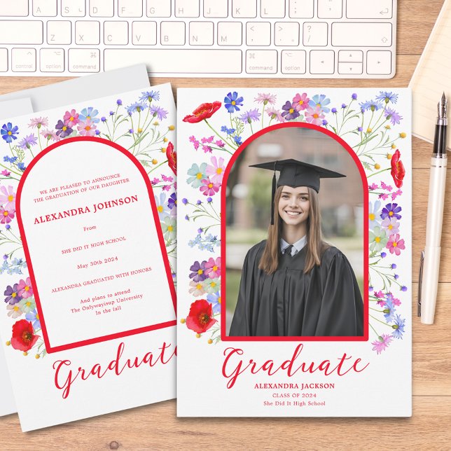 Modern Wildflower Arch Graduate Photo Announcement (Colorful wildflower boho chic arch graduate photo high school graduation announcement )