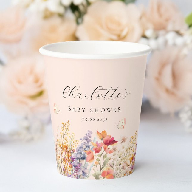 Modern, Wildflower Baby Shower  Paper Cups (Modern, Wildflower Baby Shower Paper Cups with your name and date. For baby girl.)