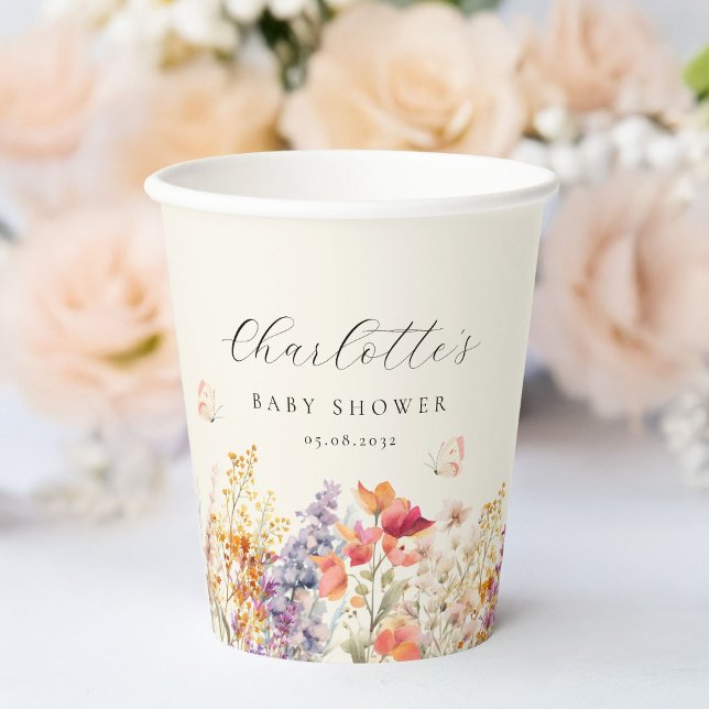 Modern, Wildflower Baby Shower  Paper Cups (Modern, Wildflower Baby Shower Paper Cups with your name and date. For boy and girl, gender-neutral.)