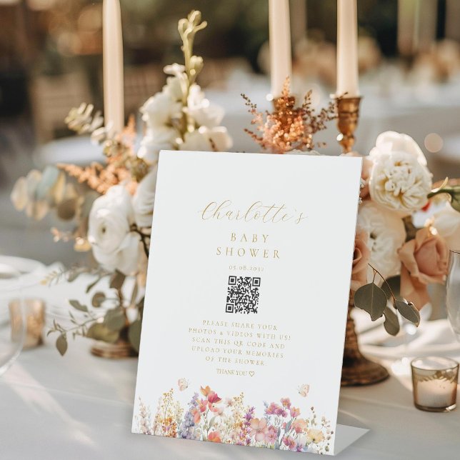 Modern, Wildflower, Baby Shower, QR Code Pedestal Sign (Creator Uploaded)
