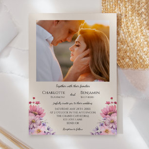 Modern Wildflower Beige Classic Photo Wedding Invitation