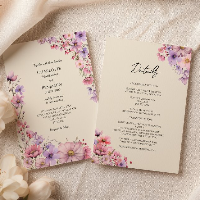 Modern Wildflower Beige Details All In One Wedding Invitation (Creator Uploaded)