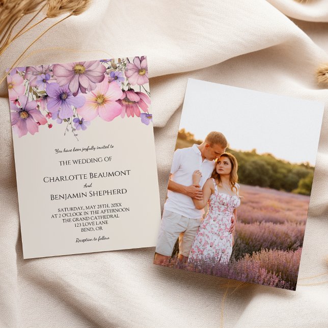 Modern Wildflower Beige Simple Photo Wedding Invitation (Creator Uploaded)