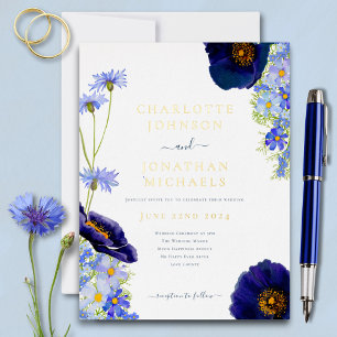 Modern Wildflower Blue and Gold Foil Invitation Postcard