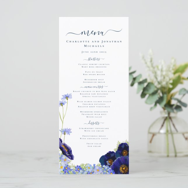 Modern Wildflower Blue Boho Wedding Menu (Standing Front)