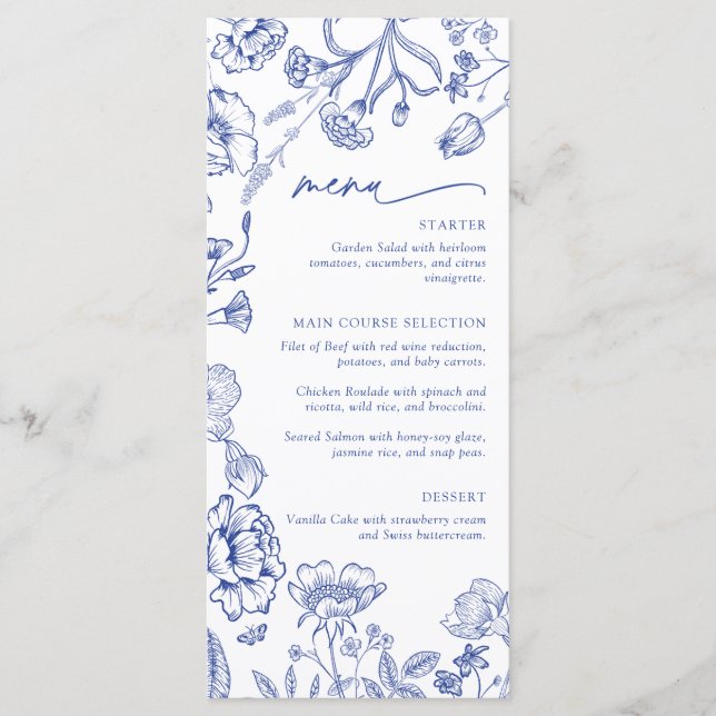 Modern Wildflower Blue Floral Brunch Bridal Shower Menu (Front)