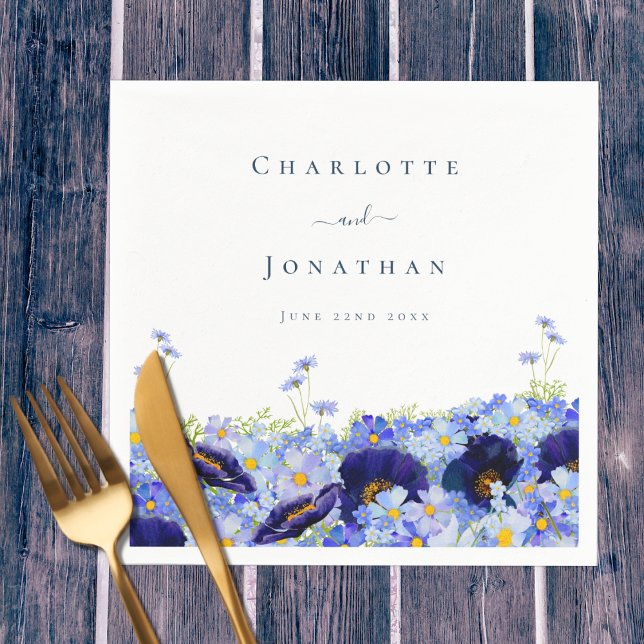 Modern Wildflower Blue  Floral Wedding Napkin (Unique wildflower watercolor artwork by artist Catherine Sweetman )