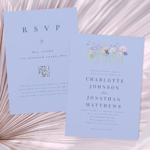 Modern Wildflower Blue Pink Floral Wedding QR Code Invitation