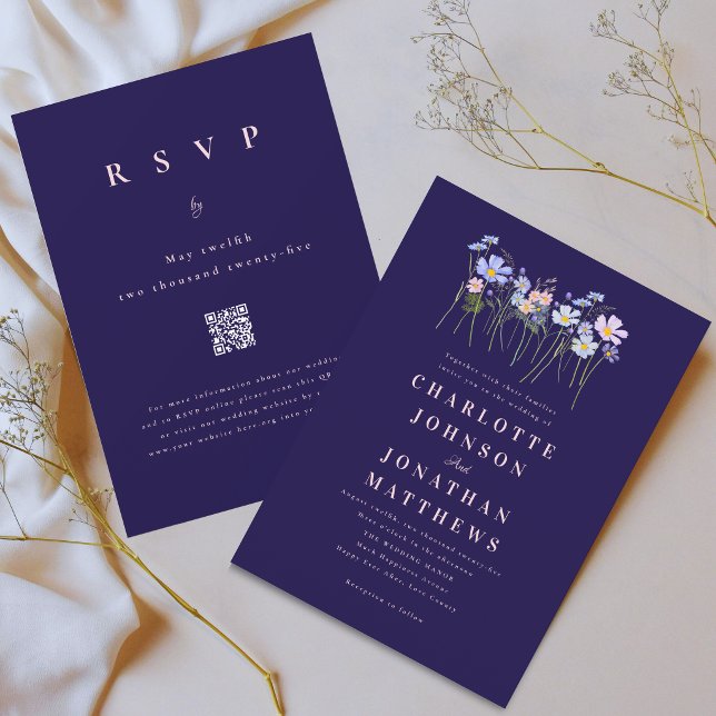 Modern Wildflower Blue Pink Floral Wedding QR Code Invitation (Elegant Boho chic wildflower meadow blue and pink watercolor floral wedding qr code invitation)