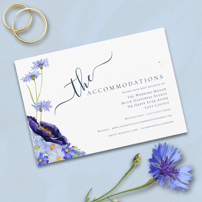 Modern Wildflower Blue Wedding Accommodations  Enclosure Card (Stylish blue wildflower wedding accommodations enclosure card with watercolor summer florals)