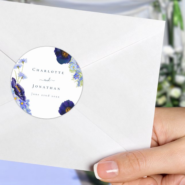 Modern Wildflower Blue Wedding Classic Round Sticker (Blue wildflower wedding custom sticker with bride and grooms names and wedding date)