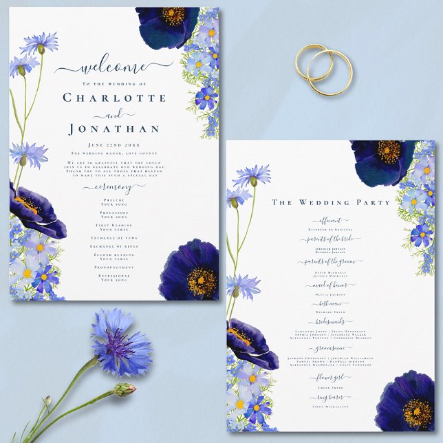 Modern Wildflower Blue Wedding Day Programme (Elegant blue summer floral wedding programme with watercolor wildflowers and stylish typography )