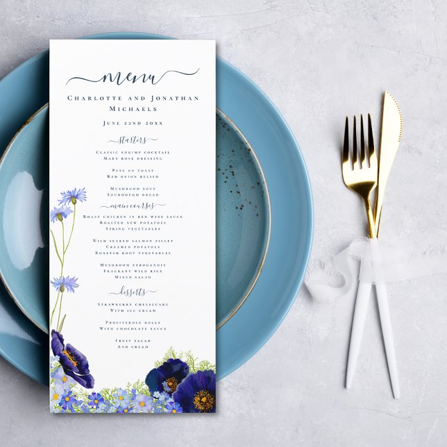 Modern Wildflower Blue Wedding Menu (Elegant wildflower summer floral wedding menu with modern typography script)