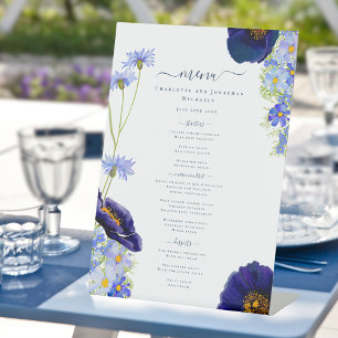 Modern Wildflower Blue Wedding Menu Pedestal Sign