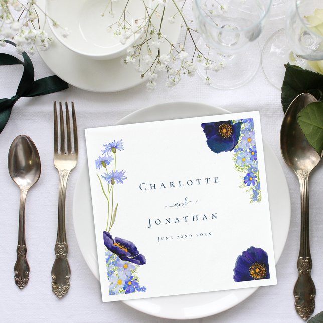 Modern Wildflower Blue Wedding Napkin (Elegant blue wildflower watercolor wedding napkin with stylish typography bride and groom names)