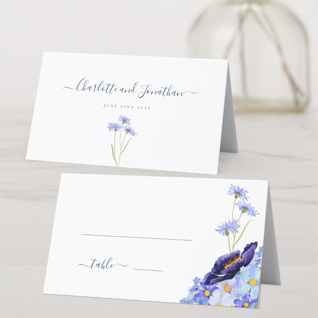 Modern Wildflower Blue Wedding Place Card (Unique hand painted wildflower watercolor artwork by artist Catherine Sweetman )