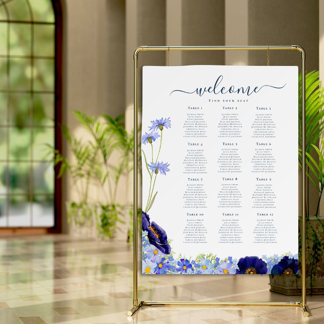 Modern Wildflower Blue Wedding Poster (Elegant wildflower blue floral wedding 12 table seating plan welcome)