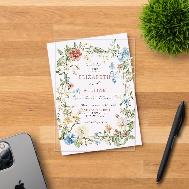 Modern Wildflower Boho Watercolor Wedding Acrylic Invitations (Insitu (Invitation Card))