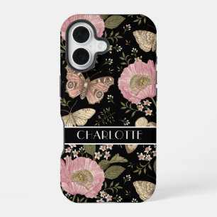 Modern Wildflower Botanical Black Floral Monogram iPhone 16 Case