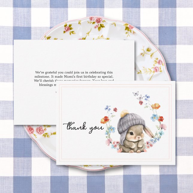 Modern Wildflower Cute Bunny First Birthday  Thank You Card (Modern Wildflower Cute Bunny First Birthday Thank You Card 3)