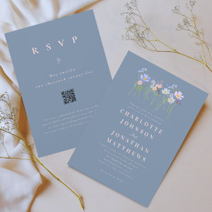 Modern Wildflower Dusty Blue Pink Wedding QR Code Invitation