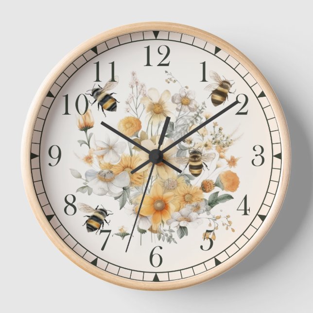 Modern Wildflower Floral Bee Stylish Chic Boho Clock (Front)