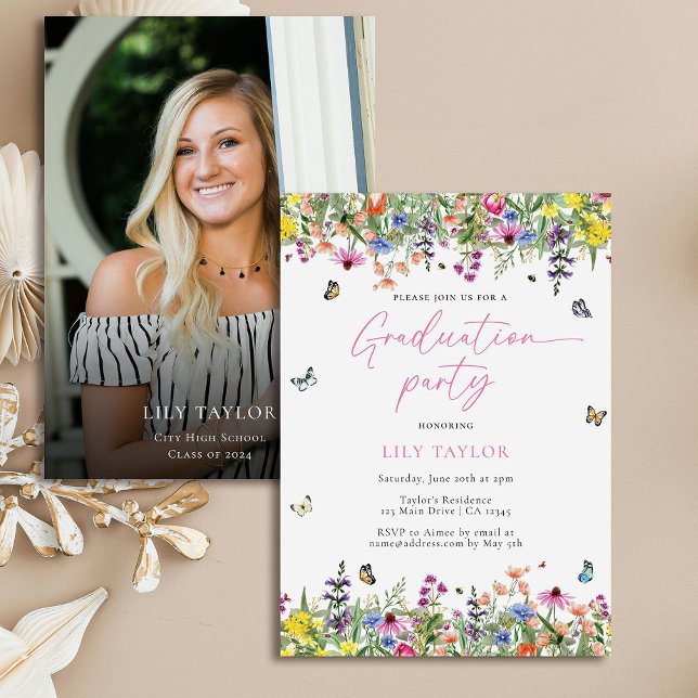 Modern Wildflower Floral Photo Graduation Party  Invitation (Creator Uploaded)
