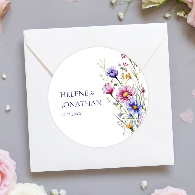 Modern Wildflower Floral Wedding Classic Round Sticker (Modern Wildflower Floral Wedding Classic Round Sticker)