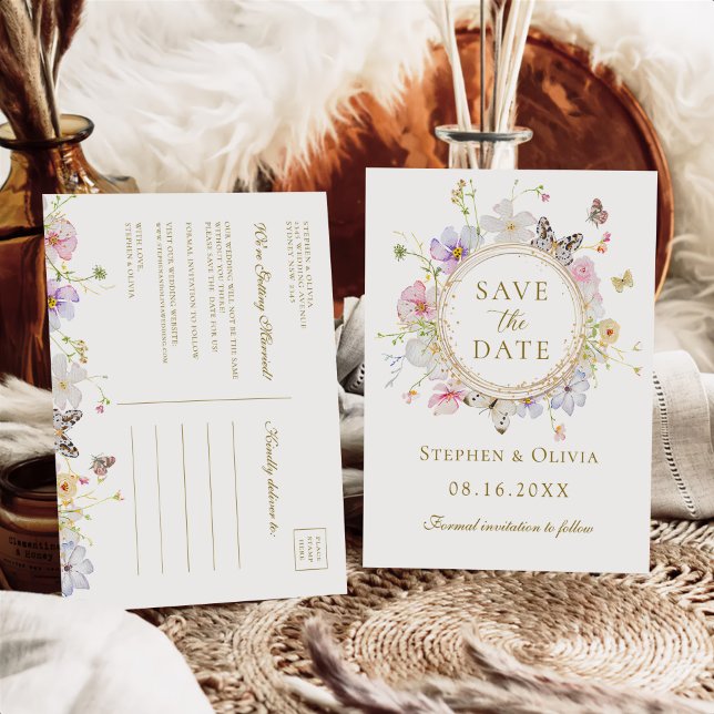 Modern Wildflower Floral Wreath Save the Date Announcement Postcard (Creator Uploaded)