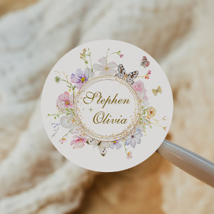 Modern Wildflower Floral Wreath Wedding Classic Round Sticker