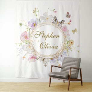 Modern Wildflower Floral Wreath Wedding Tapestry