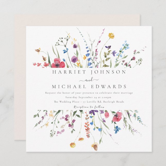 Modern Wildflower Frame Square Wedding Invitation (Front/Back)