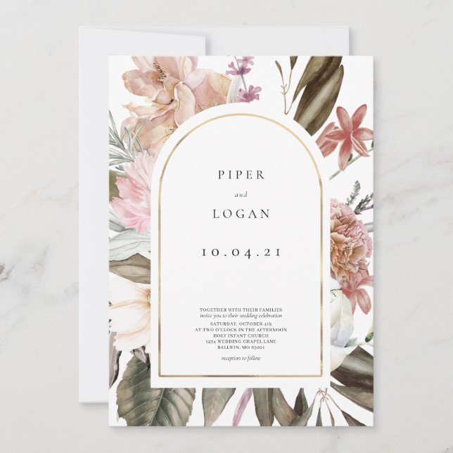 Modern Wildflower Gold Arch Wedding Invitation (Front)