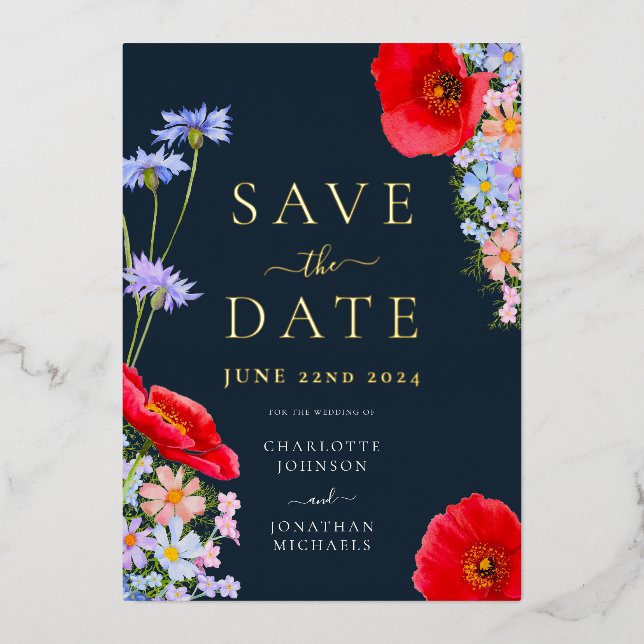 Modern Wildflower Gold Blue Wedding (Front)