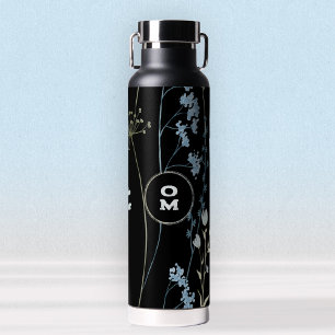 Modern Wildflower Monogram Black Light Blue Large Water Bottle