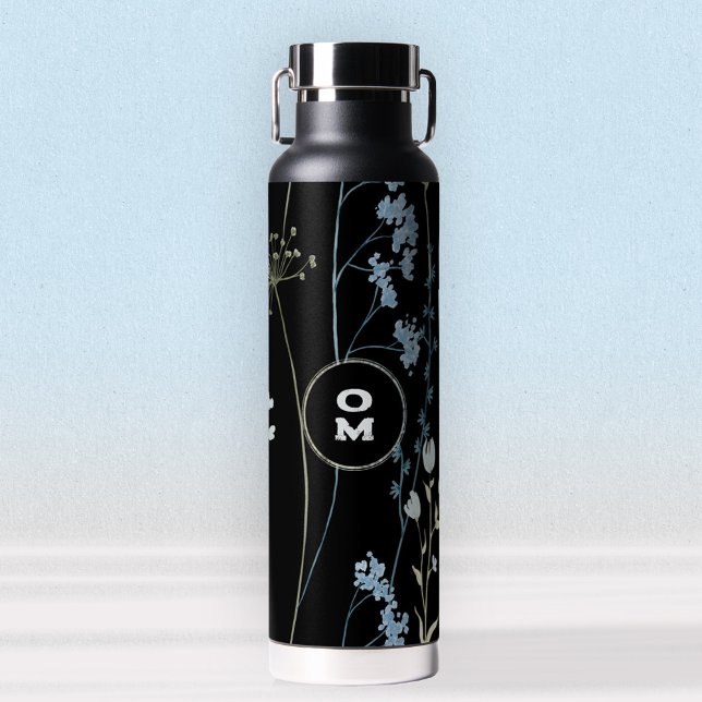Modern Wildflower Monogram Black Light Blue Large Water Bottle (Black Blue Wildflower Water Bottle ©Susanne Sachers - Sunny Mind 🌞)