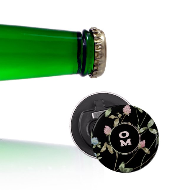 Modern Wildflower Monogram Black Pink Green Clover Bottle Opener (Black Clover Monogram Bottle Opener ©Susanne Sachers - Sunny Mind Design 🌞)