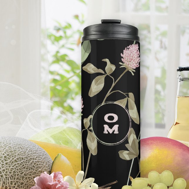Modern Wildflower Monogram Black Rose Clover Thermal Tumbler (Black Clover Rose Monogram Thermal Tumbler ©Susanne Sachers - Sunny Mind Design 🌞)
