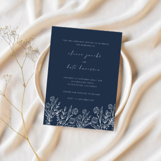 Modern Wildflower Navy Blue Wedding Invitation