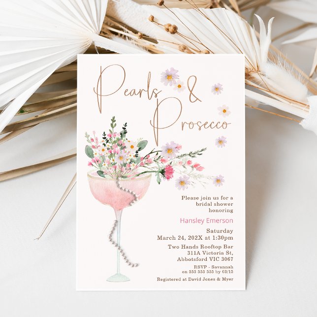 Modern Wildflower Pearl and Prosecco Bridal Shower Invitation (Wildflowers pearls and prosecco bridal shower. Wedding shower pearls and prosecco invite, )