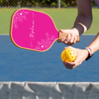 Modern Wildflower Pink Script Name Elegant Floral Pickleball Paddle