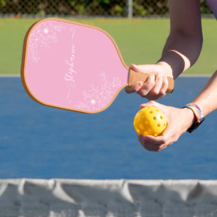 Modern Wildflower Pink Script Name Elegant Floral Pickleball Paddle