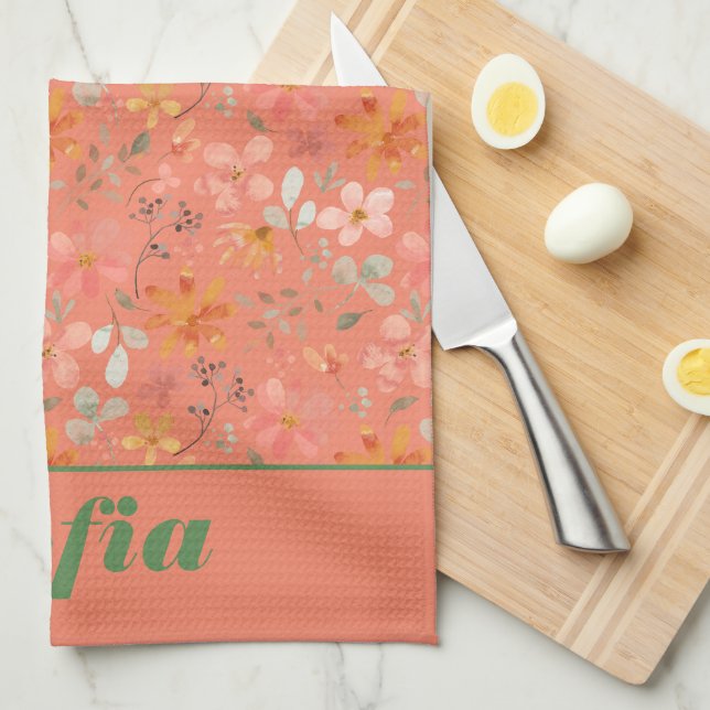 Modern wildflower pink yellow pattern name orange tea towel (Quarter Fold)